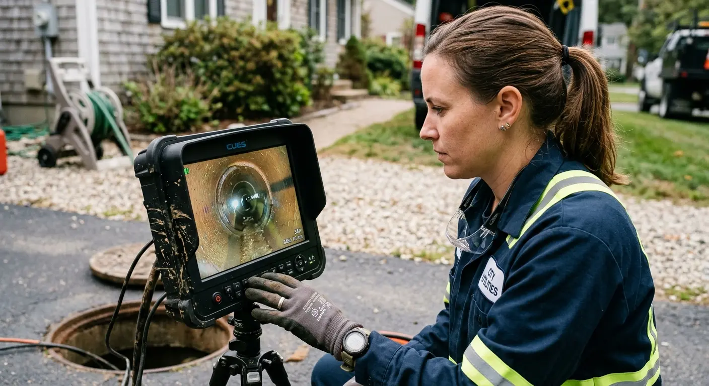 Technician reviewing sewer camera inspection footage in Bell Gardens