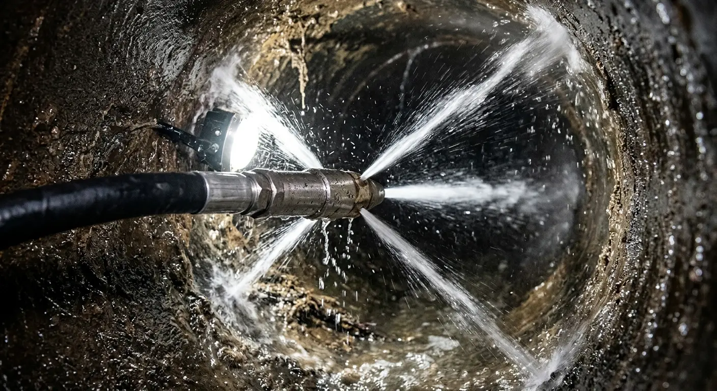 High-pressure hydro jetting nozzle cleaning sewer pipe for Sewer Cleanout in Bell Gardens