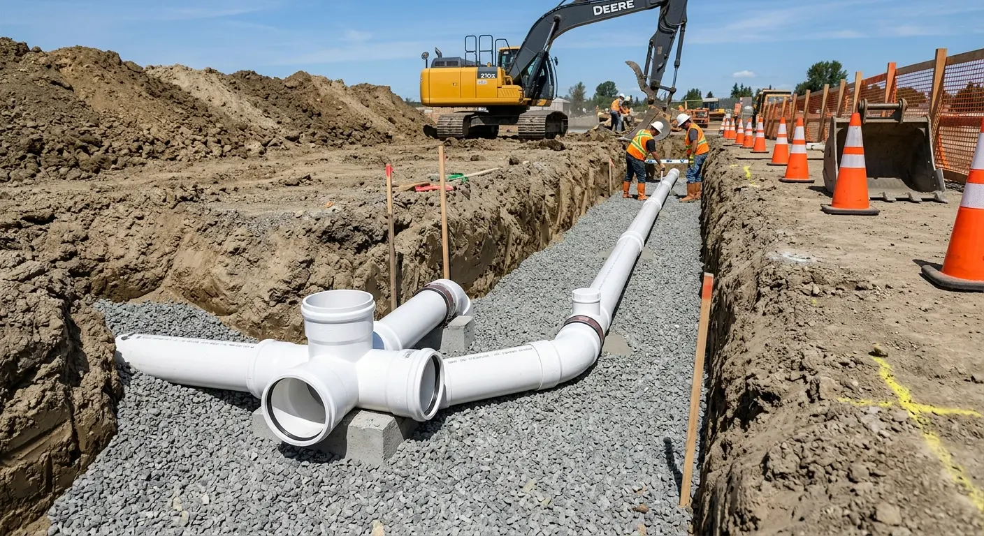 New PVC sewer pipe installation in open trench for Commercial Drain Cleaning in Bell Gardens